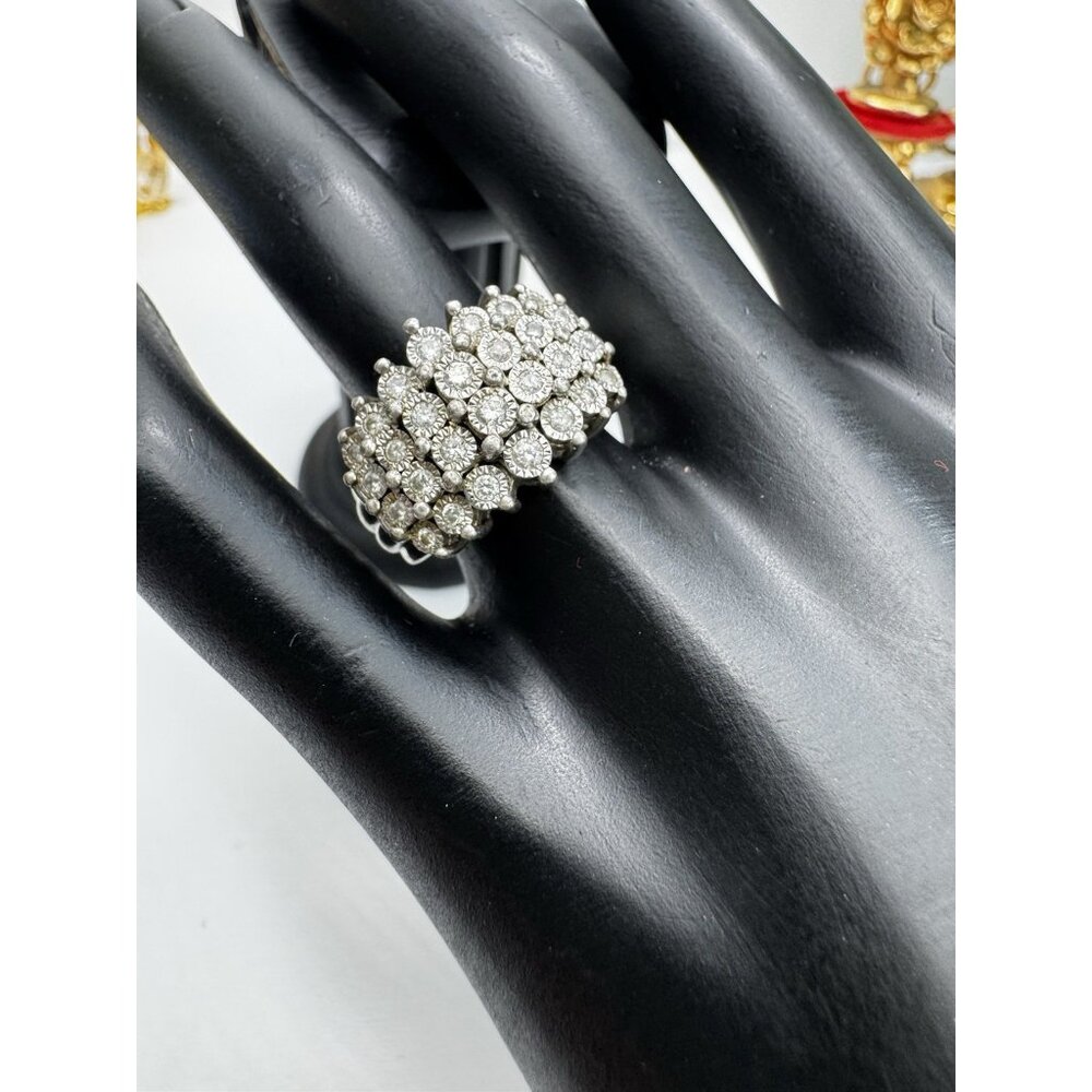 925 Sterling Silver ZEI Multi-Row Diamond Cluster Statement Ring Size 7.25